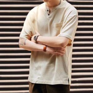 Green Deer American Retro Linen Henley Collar Short Sleeve T-Shirt Men's 2026 Summer Trendy Casual Breathable Polo Shirt