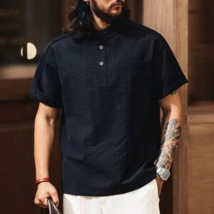 Green Deer American Retro Lyocell Henry Collar Short Sleeve T-Shirt Men's 2026 Summer Trendy Brand Linen Casual Polo Shirt