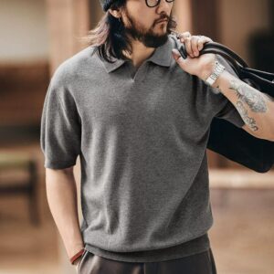 Green deer American seagull collar wool blended knitted soft waxy short-sleeved polo shirt for men in spring and summer old money style T-shirt