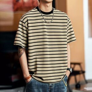 Green Deer high-end American retro striped men's T-shirt 2026 summer new loose round neck short-sleeved top for men