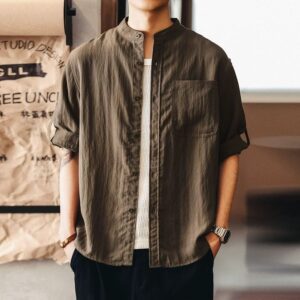 Green Deer high-end new Chinese style linen wrinkled shirt men's summer thin trendy brand stand-up collar casual commuting short-sleeved men