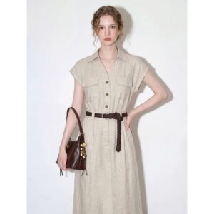 Hemp Natural Tencel Linen V Shirt Dress Women's 2026 Summer New Style Waist Slim Commuting Light Mature Long Skirt