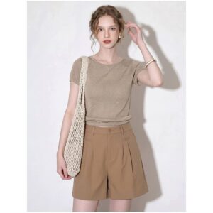 Khaki round neck Tencel linen short-sleeved sweater for women 2026 summer new casual versatile comfortable top