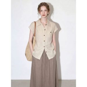 Light apricot linen lapel retro breathable shirt for women 2026 summer new intellectual old money style lazy top