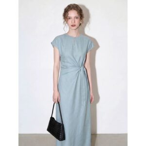 Light fog blue flying sleeve linen dress 2026 women's summer new style lace-up waist slimming long skirt