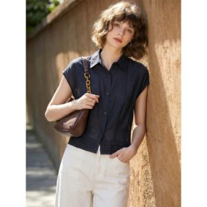 Navy commuter style lapel short-sleeved shirt for women 2026 summer new style waist slimming intellectual style top