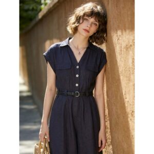 Navy Tencel V-neck shirt dress for women 2026 summer new style waist slimming commuting high-end long skirt
