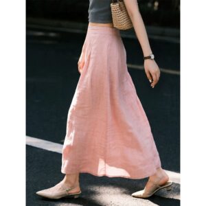 Pink Simple Temperament Linen Skirt Women's 2026 Summer New High Waist A-Line Skirt Literary Style Long Skirt